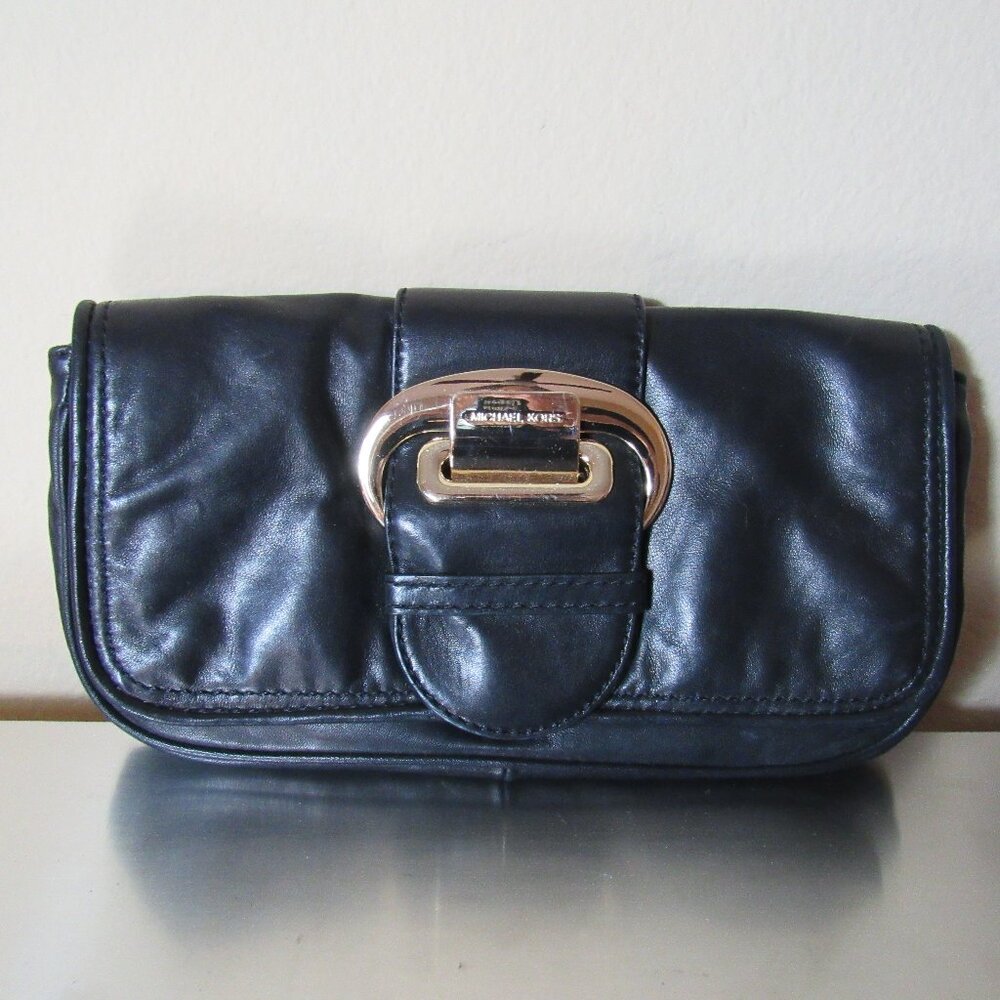 Vintage Michael Michael Kors Black Leather Clutch Bag w/Gold Buckle Detail